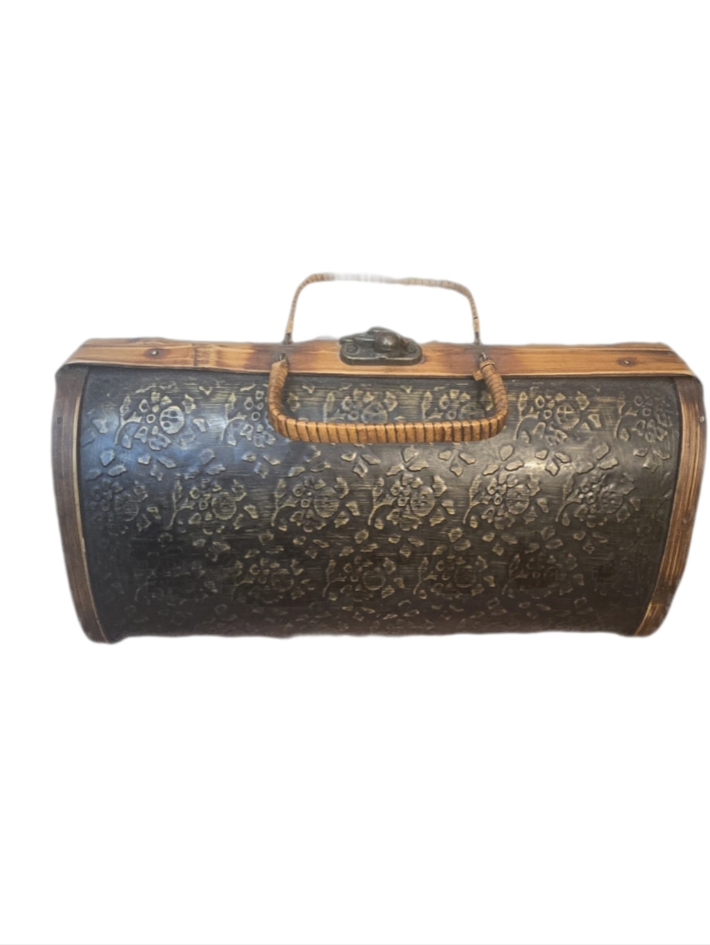 1950s/60s Vintage Embossed Floral Barrel Handbag in Dark Brown and Tan